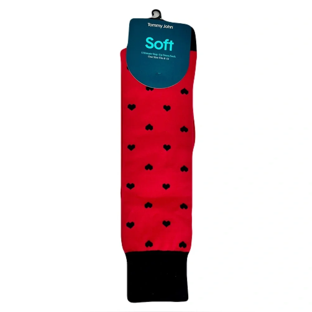 NWT Tommy John Red with Black Hearts Stay-Up Dress Socks, Size 8-13